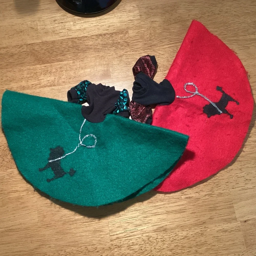 2 Barbie Hand-sewn Poodle Dresses - Red and Green - Vintage